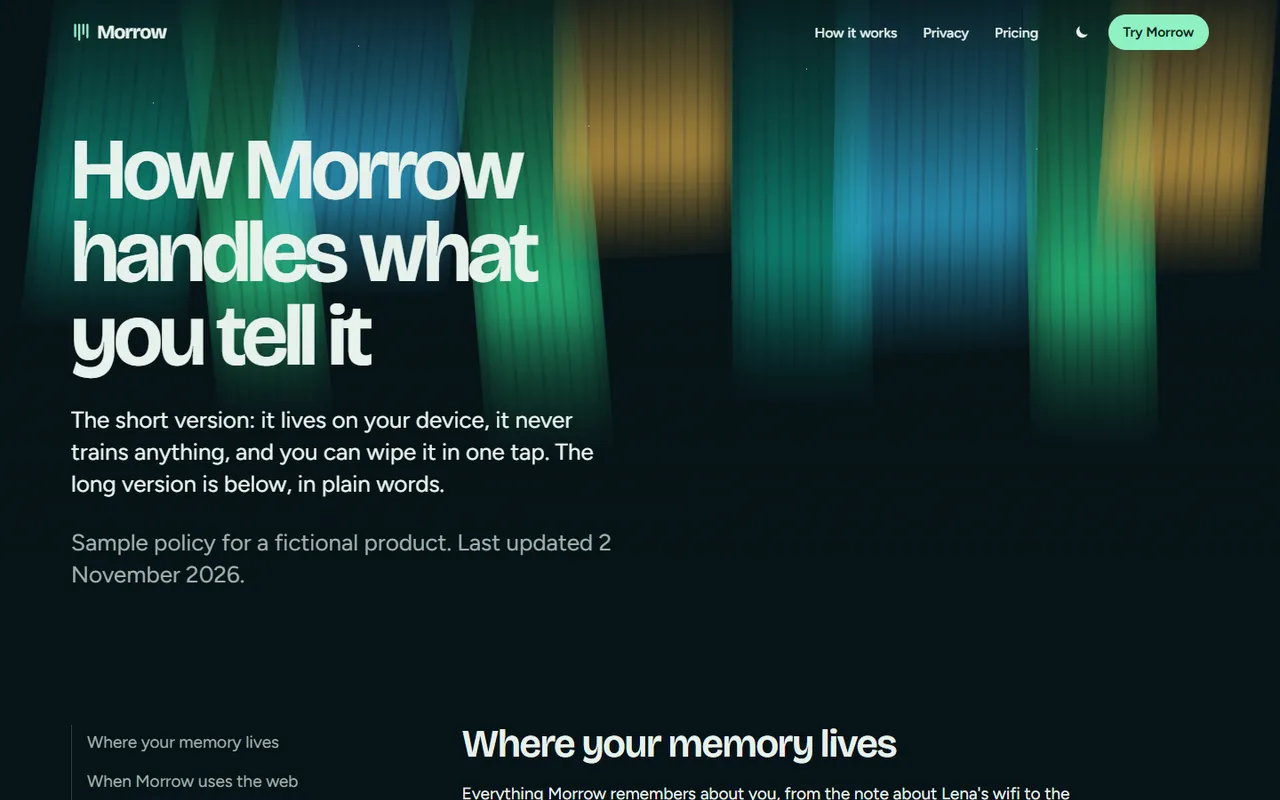 Morrow: privacy page, dark theme