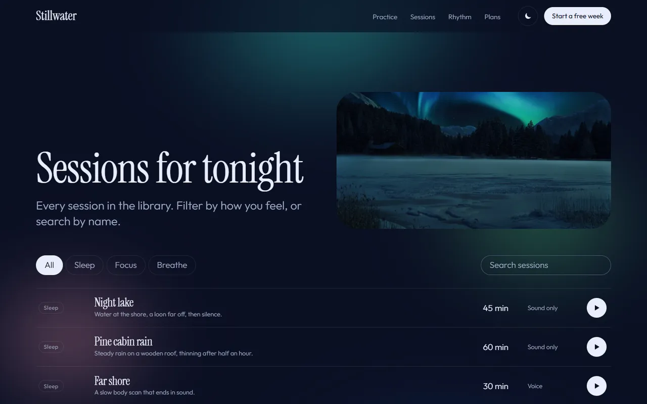 Stillwater: sessions page, dark theme