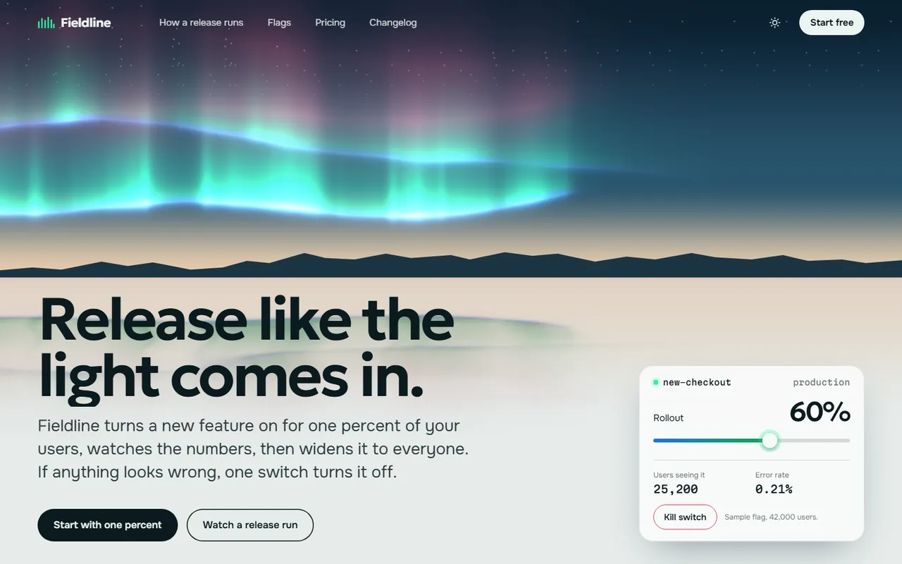Fieldline home page, light theme