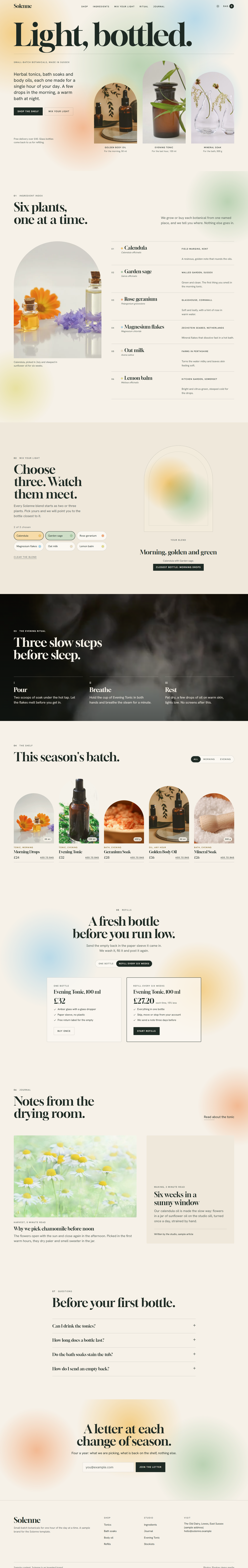 Solenne home page, light theme