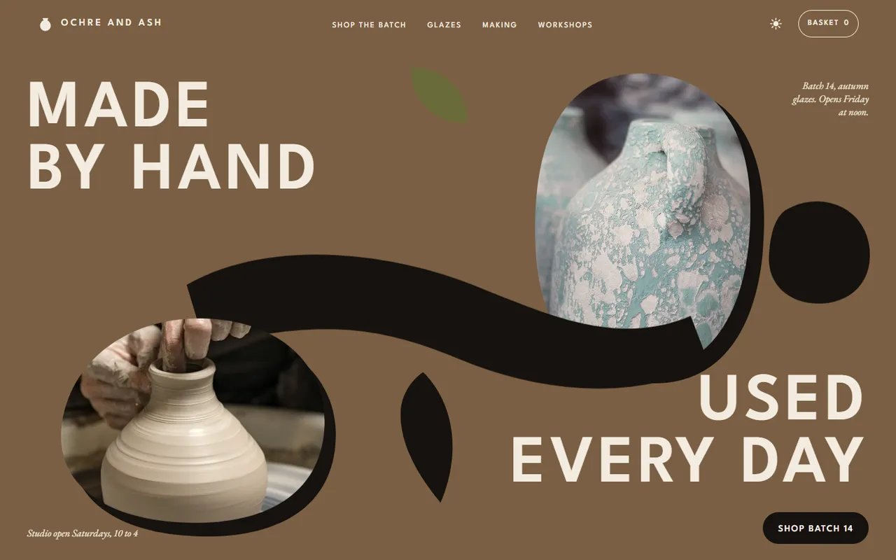 Ochre and Ash home page, light theme