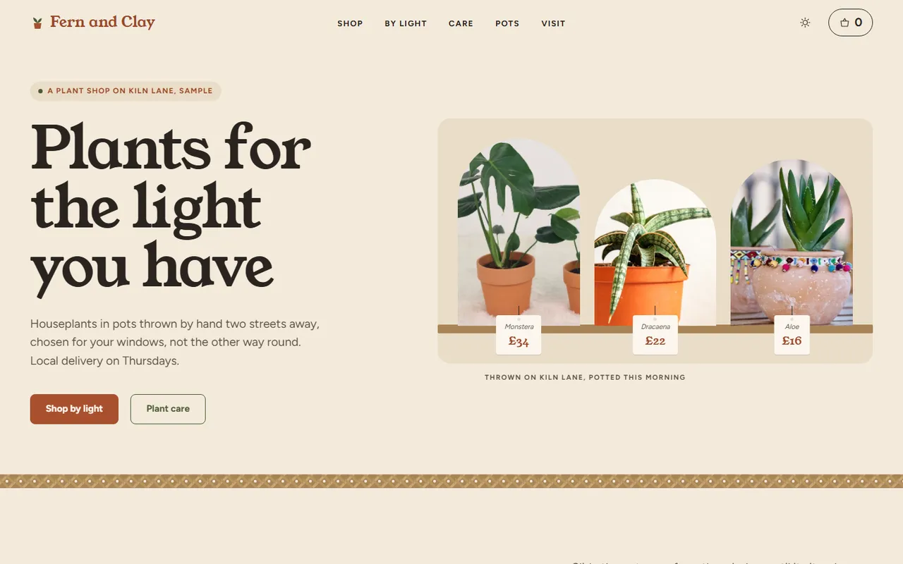 Fern and Clay home page, light theme