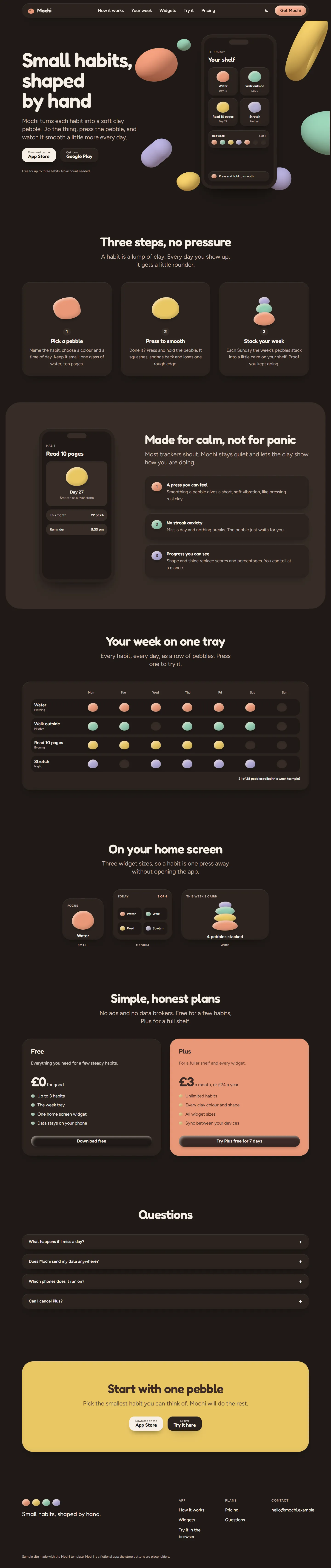 Mochi home page, dark theme, at 1440 pixels wide