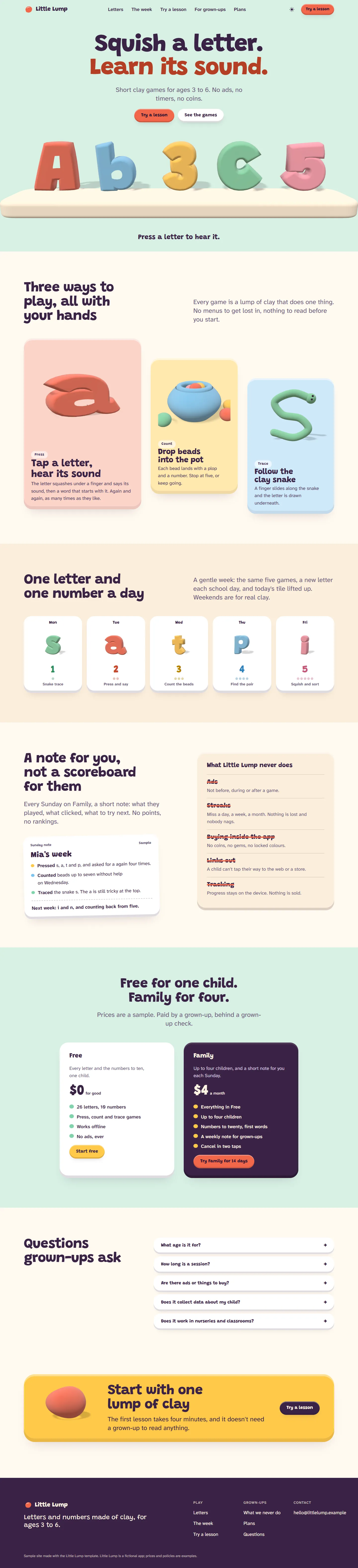 Little Lump home page, light theme, at 1440 pixels wide
