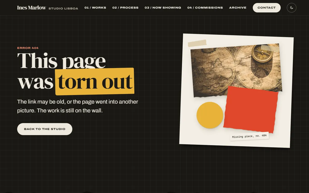 Paste-up: 404 page, dark theme