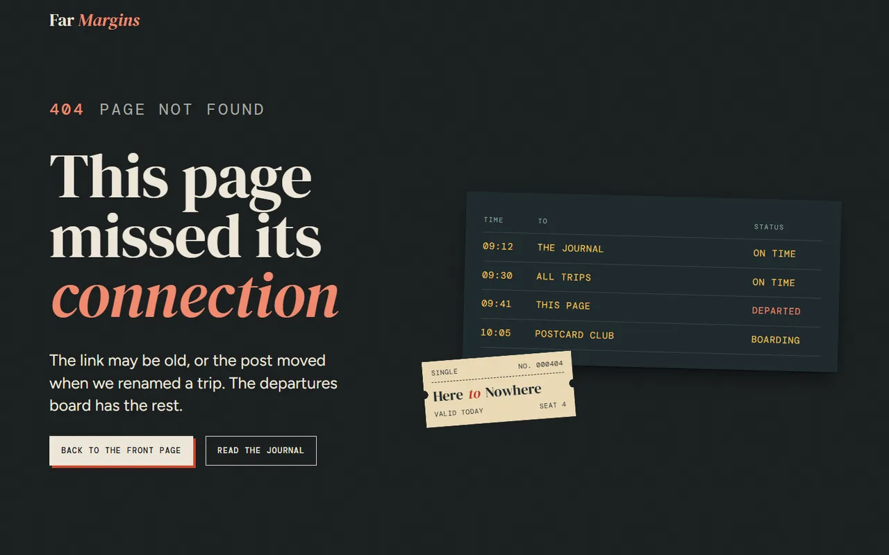 Far Margins: 404 page, dark theme