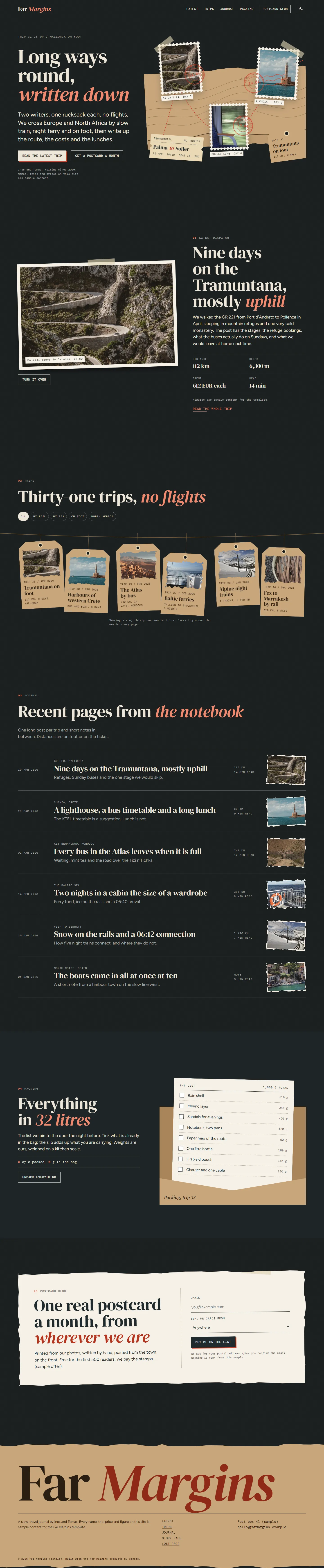 Far Margins home page, dark theme, at 1440 pixels wide
