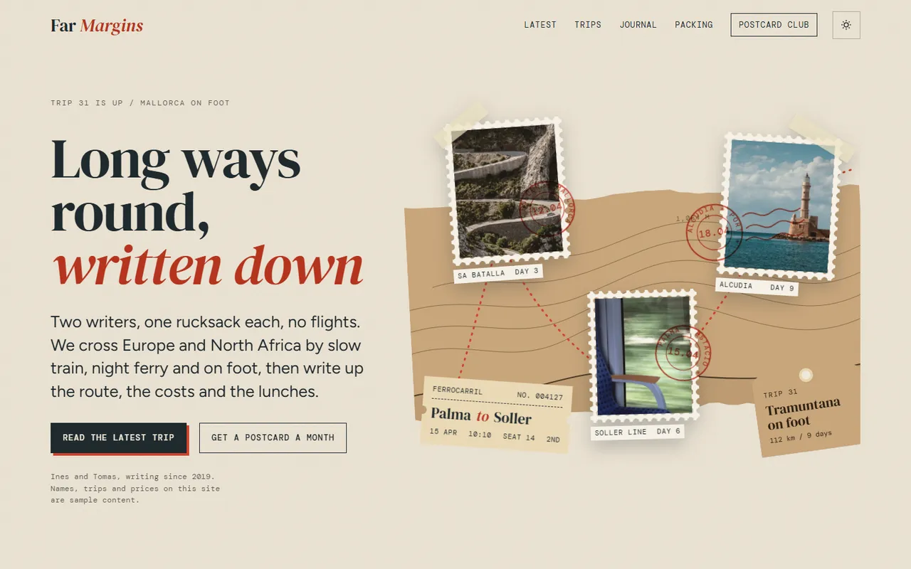 Far Margins home page, light theme