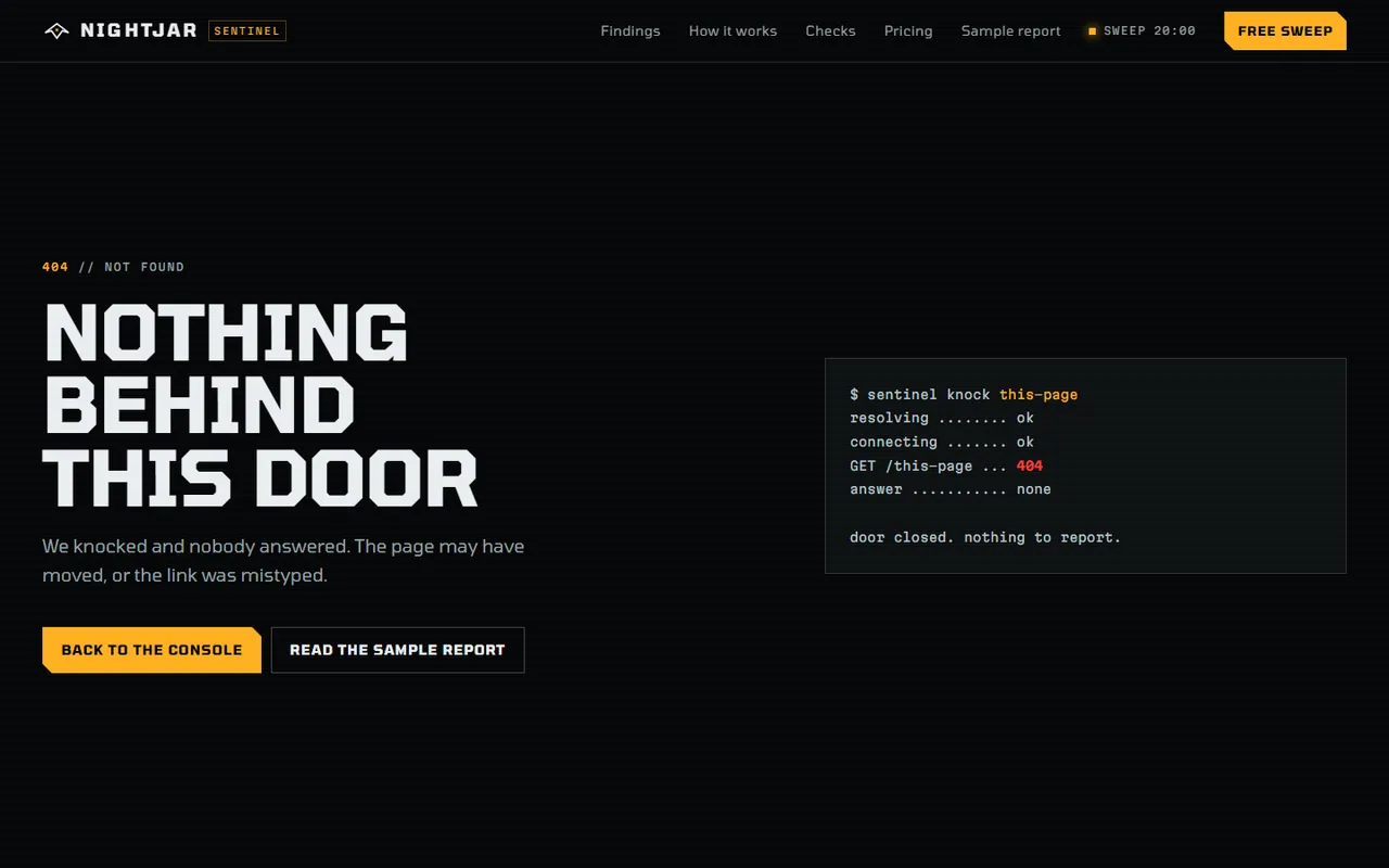 Nightjar: 404 page, dark theme