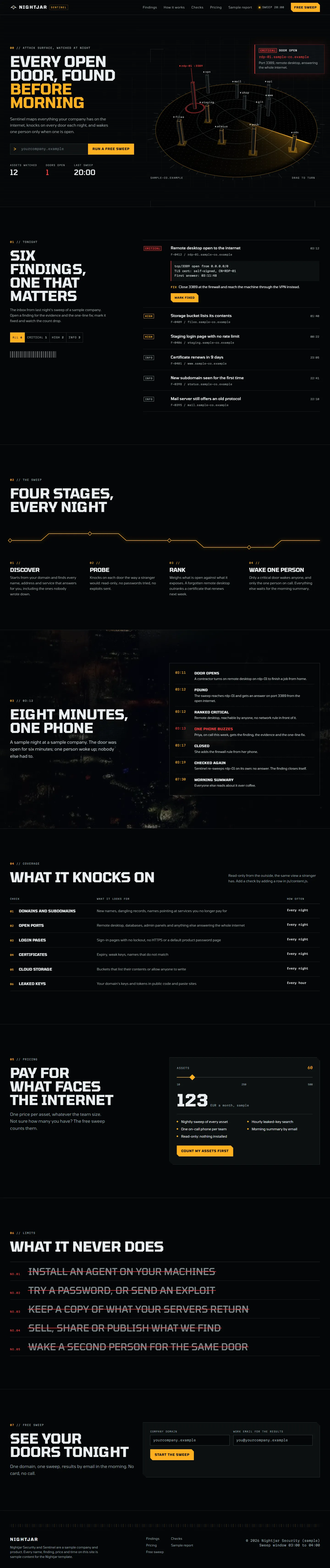 Nightjar home page, dark theme, at 1440 pixels wide