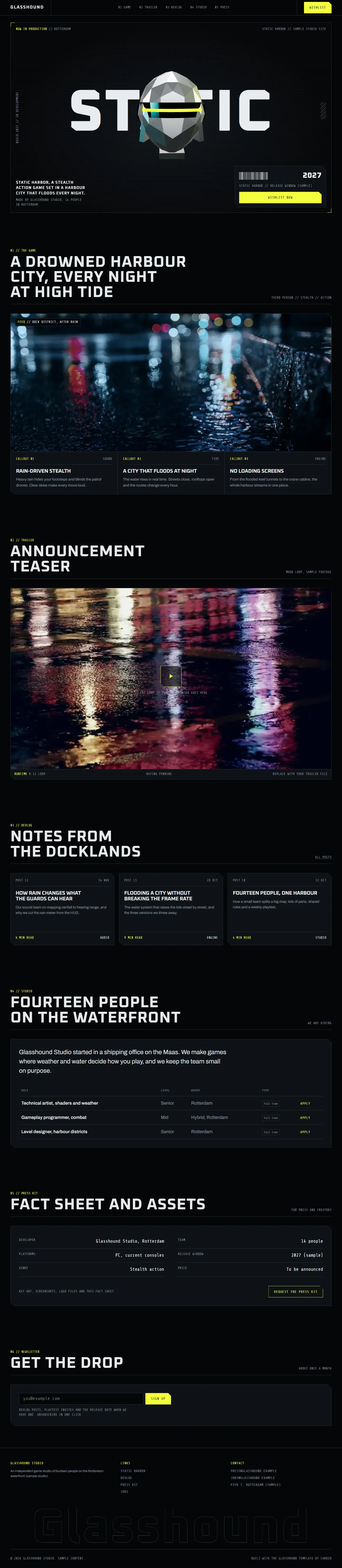 Glasshound home page, light theme, at 1440 pixels wide