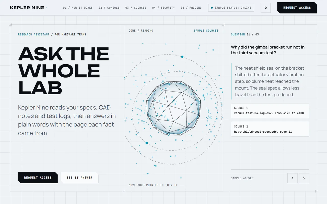 Kepler home page, light theme