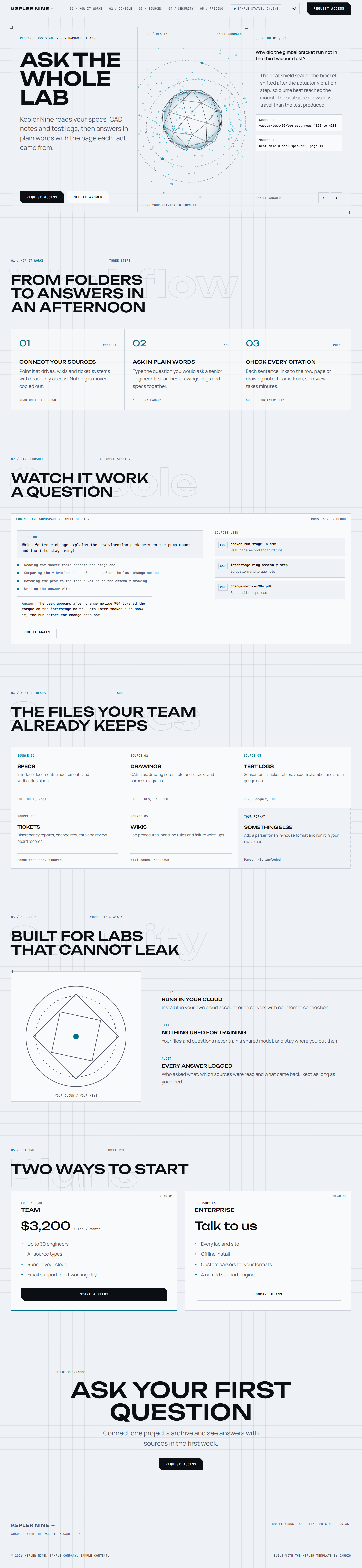 Kepler home page, light theme