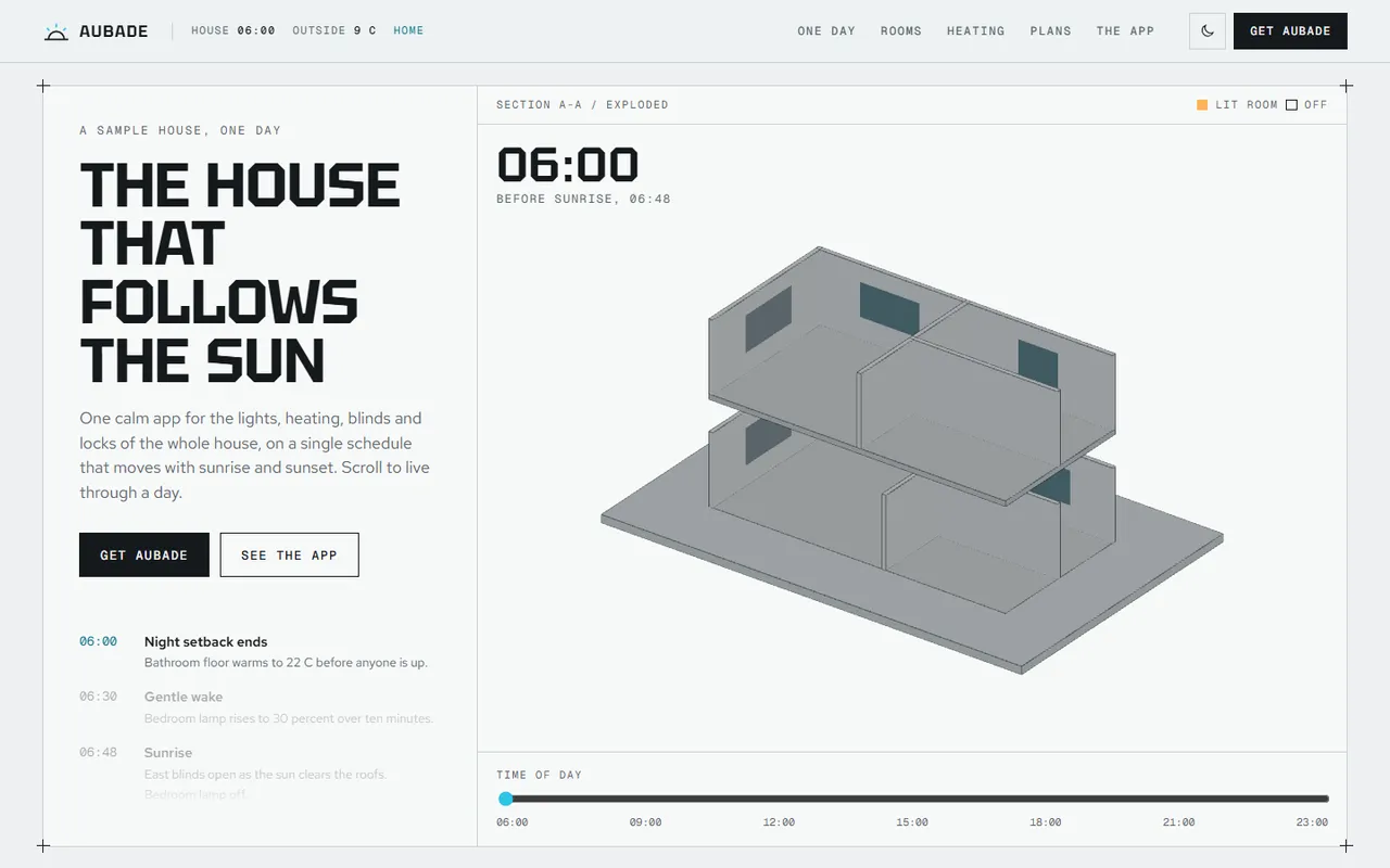 Aubade home page, light theme
