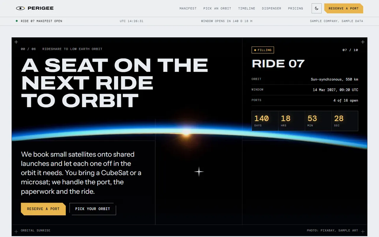 Perigee home page, light theme