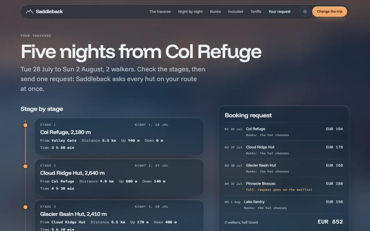 Saddleback: plan page, dark theme