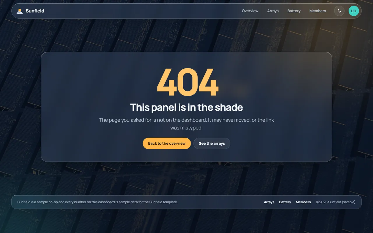 Sunfield: 404 page, dark theme