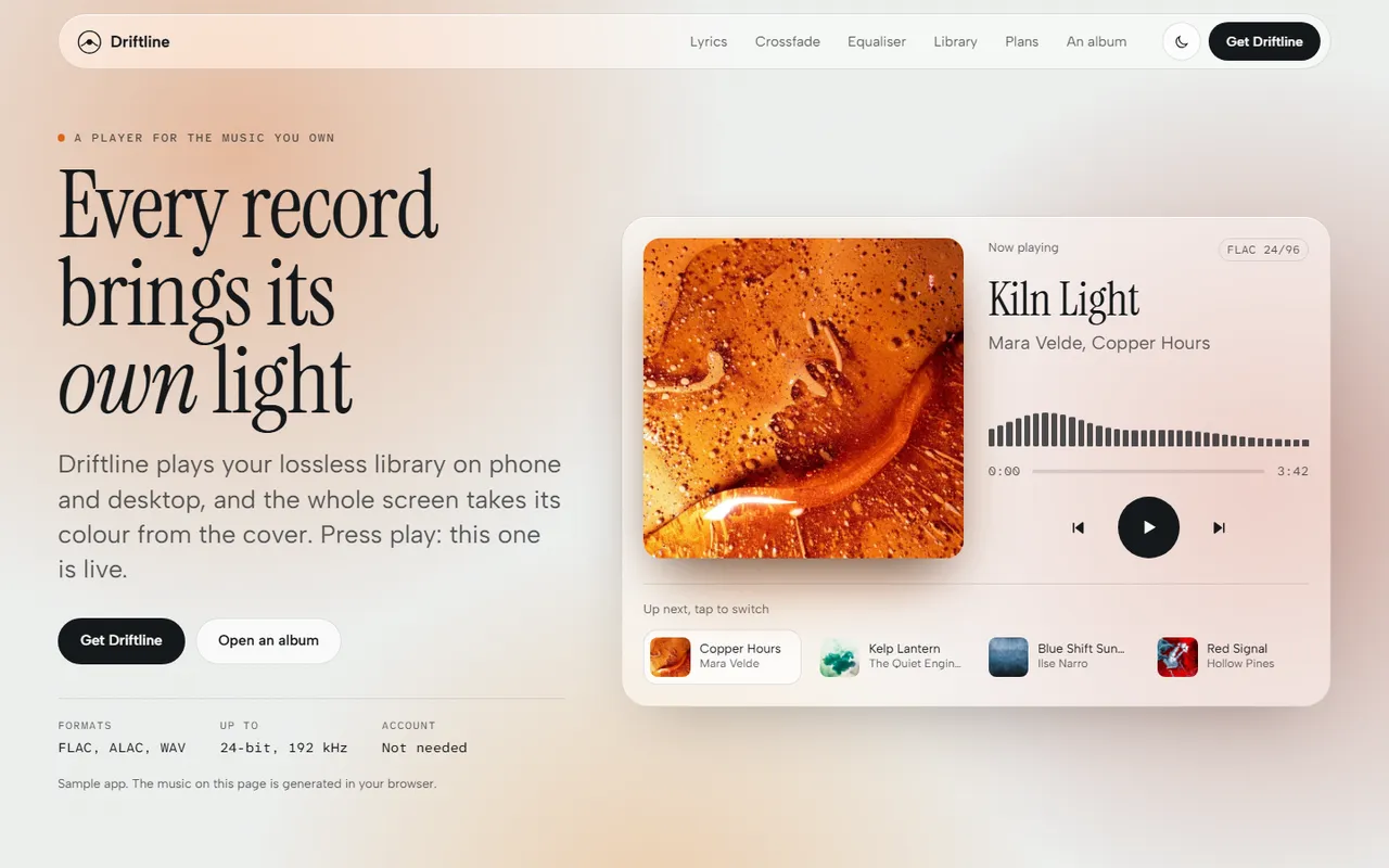 Driftline home page, light theme