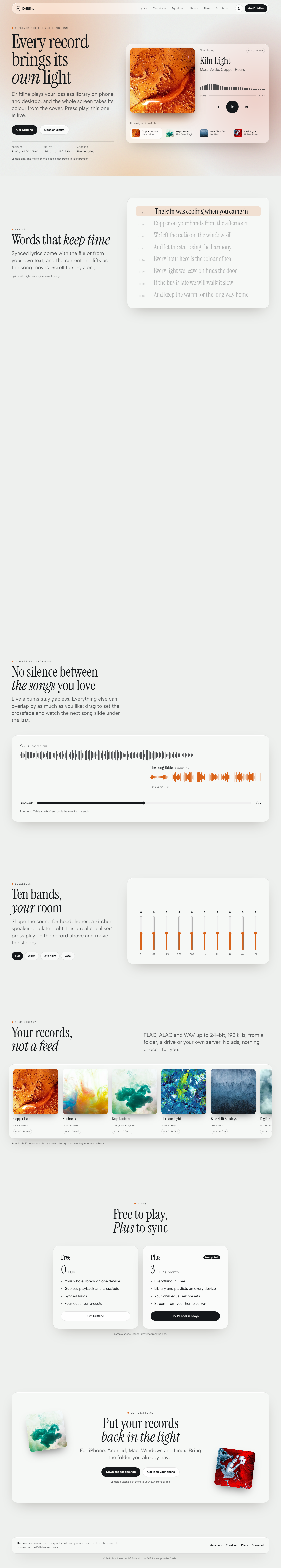 Driftline home page, light theme