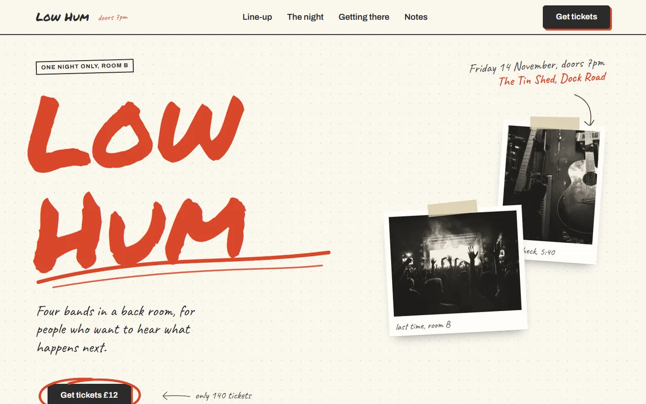 Low Hum home page, light theme