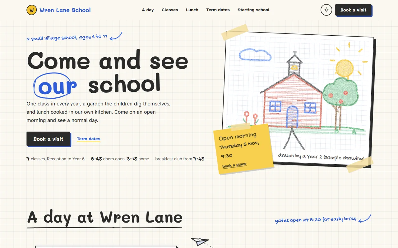 Wren Lane School home page, light theme
