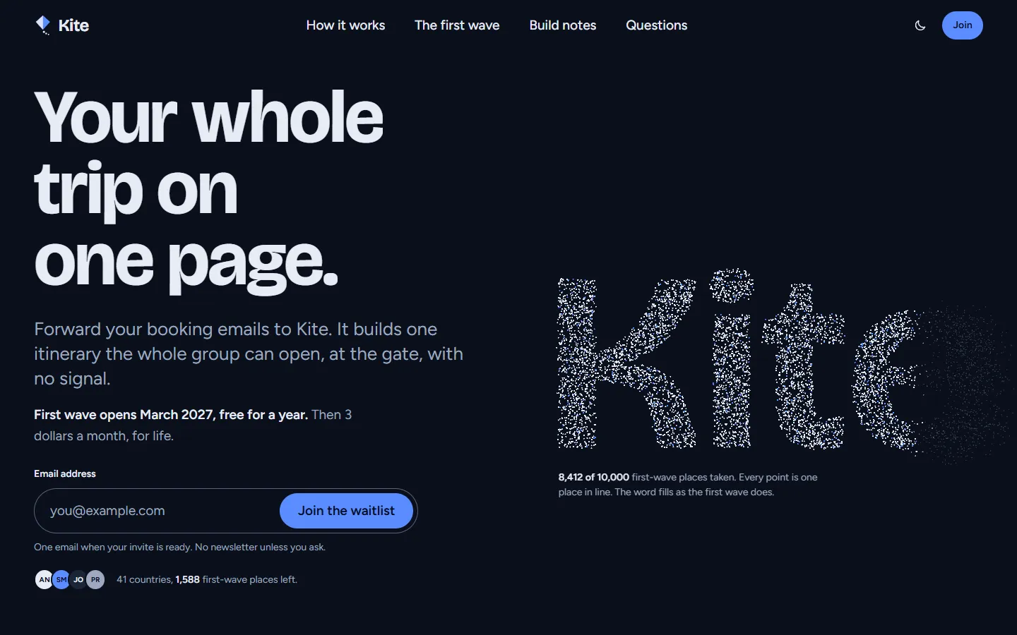 Kite home page, dark theme, at 1440 pixels wide