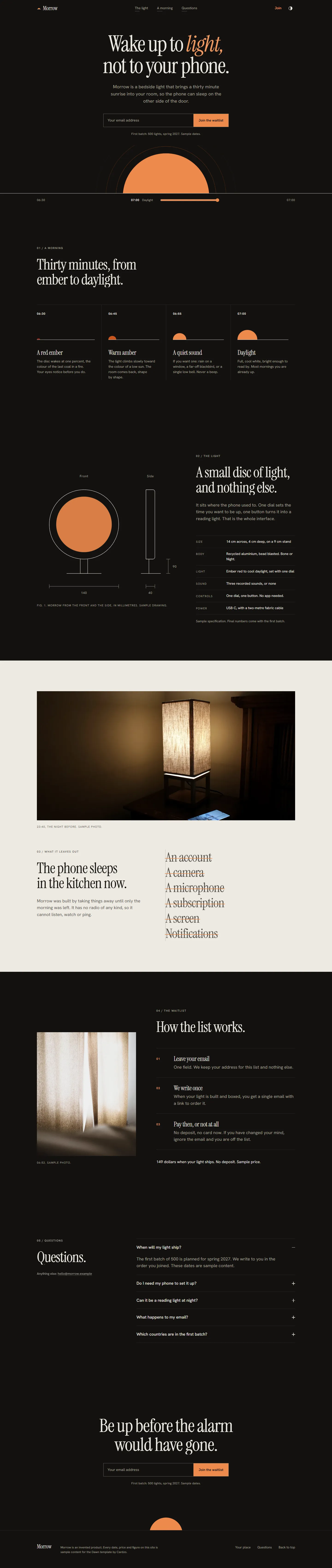 Dawn home page, dark theme, at 1440 pixels wide