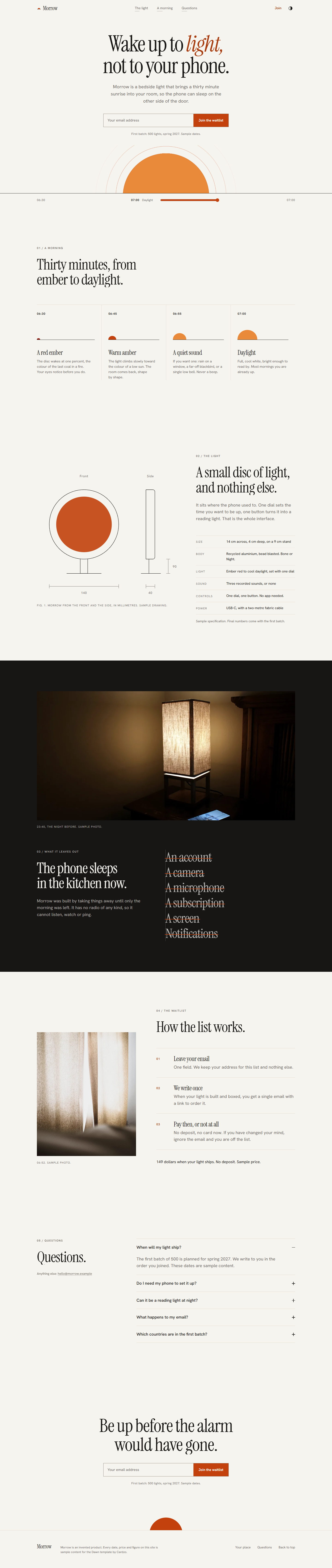 Dawn home page, light theme