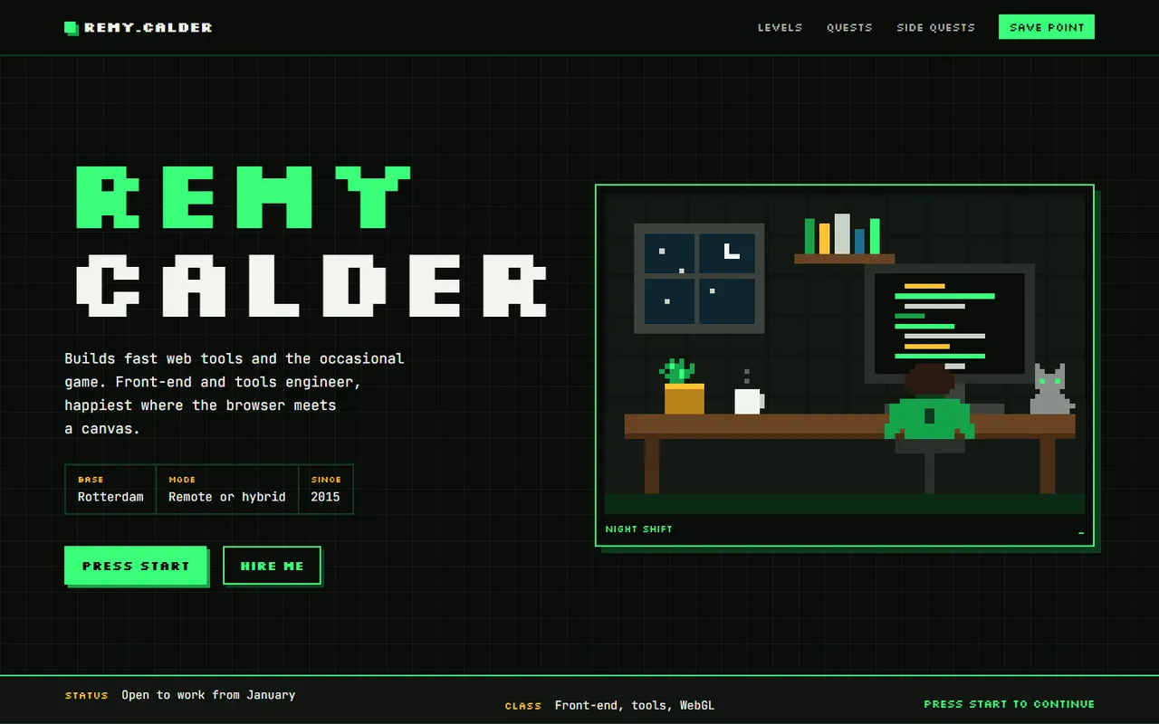 Remy Calder home page, light theme