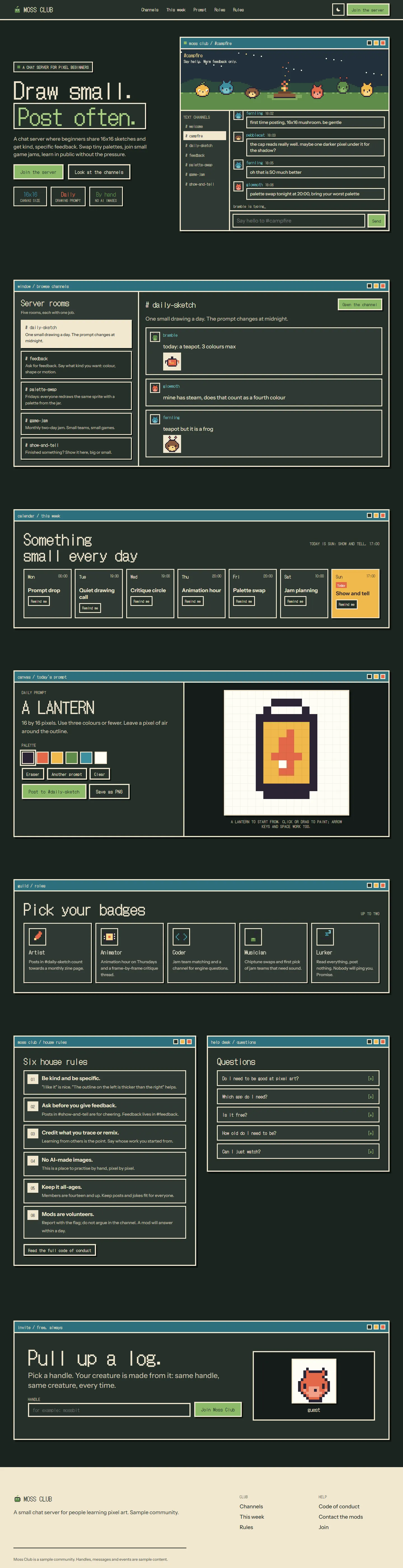 Moss Club home page, dark theme, at 1440 pixels wide