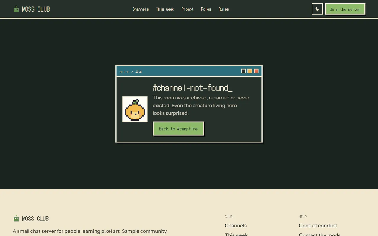 Moss Club: 404 page, dark theme
