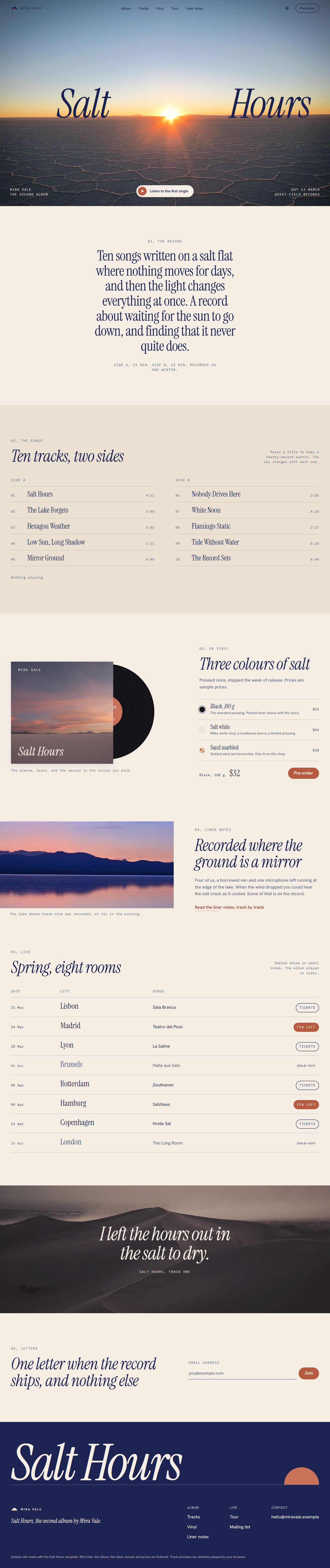 Salt Hours home page, light theme