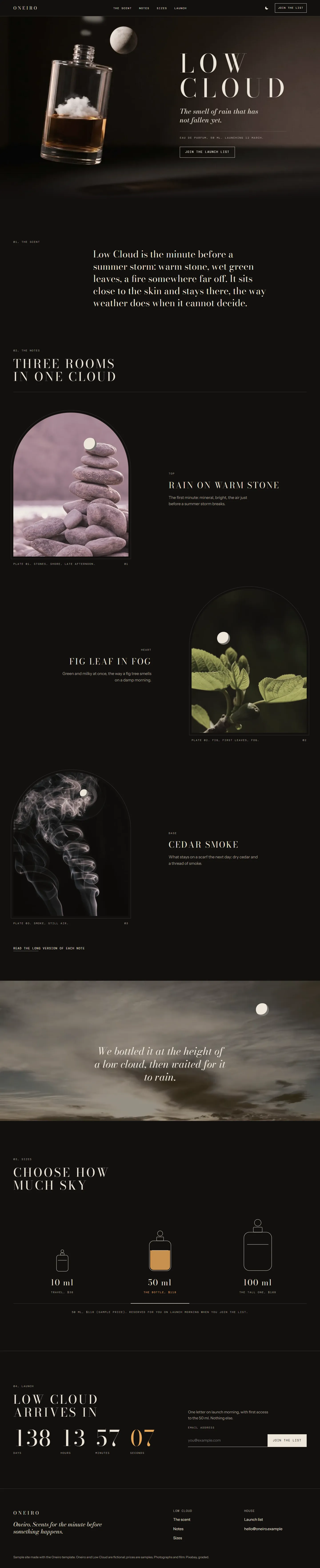 Oneiro home page, dark theme, at 1440 pixels wide