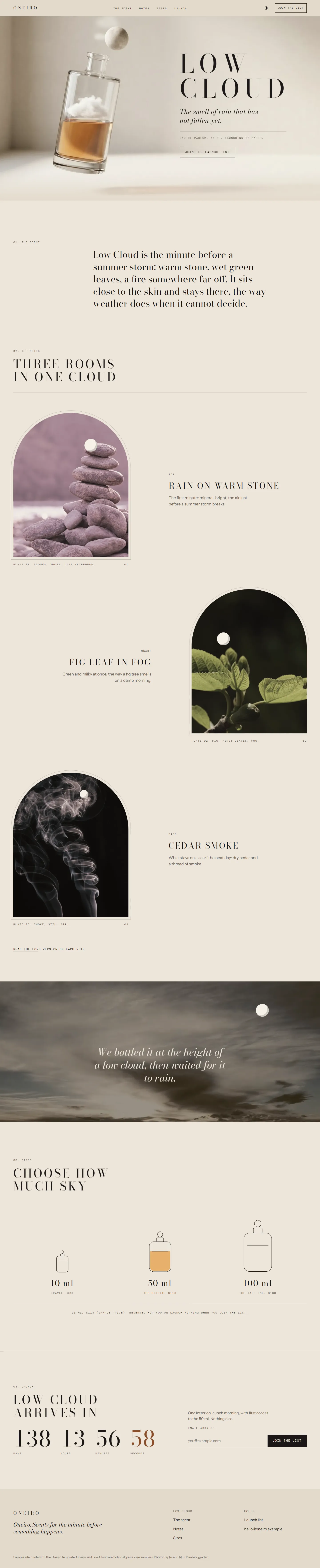 Oneiro home page, light theme, at 1440 pixels wide