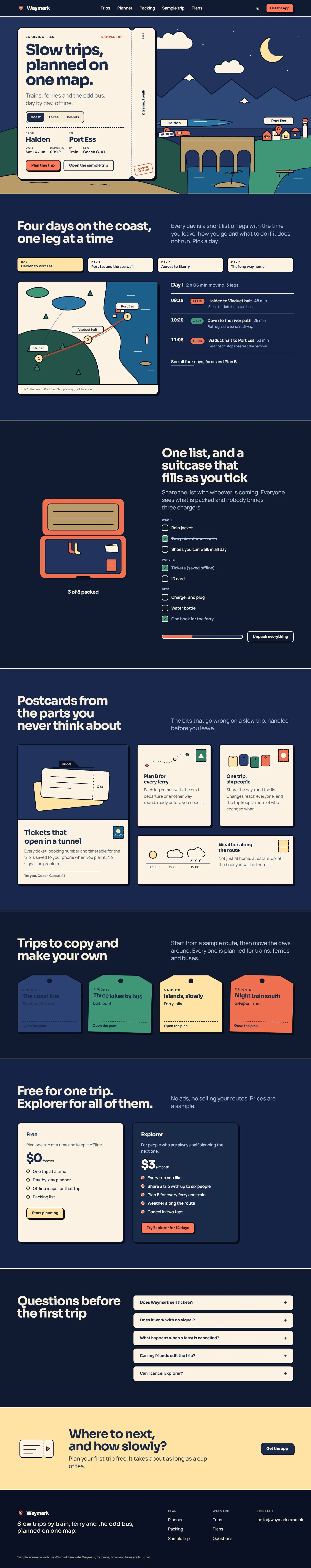 Waymark home page, dark theme, at 1440 pixels wide