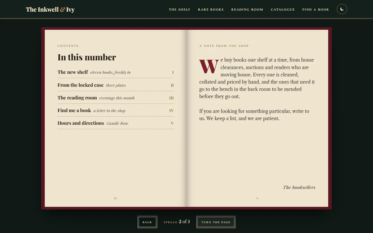 The Inkwell and Ivy: spread2 page, dark theme