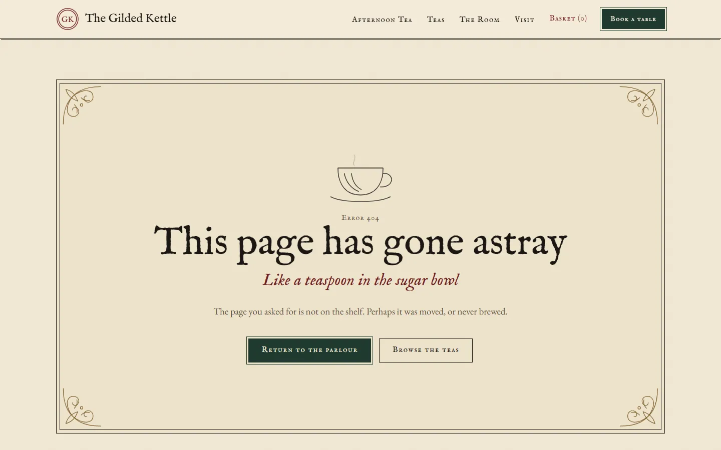 The Gilded Kettle home page, light theme, at 1440 pixels wide