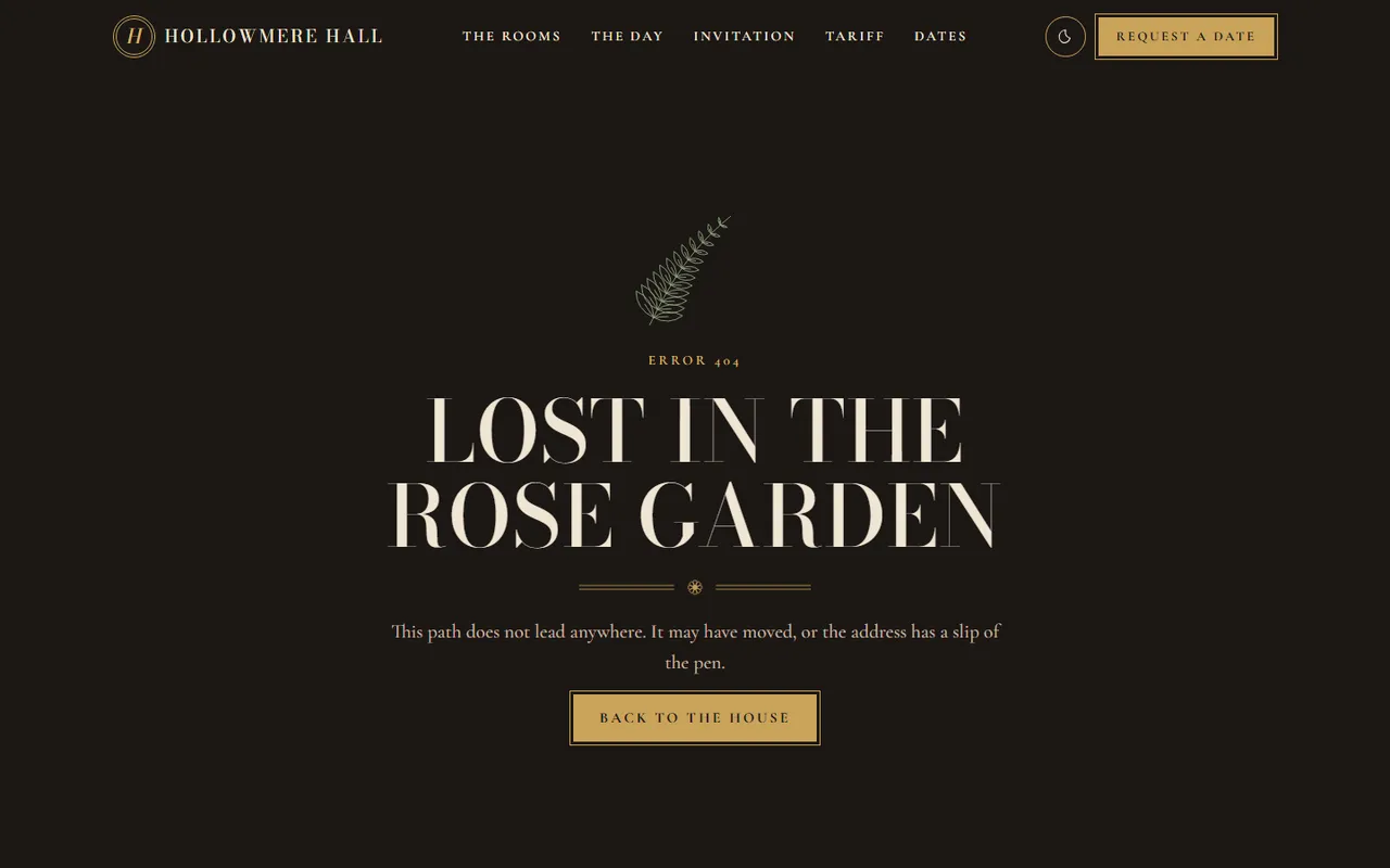Hollowmere Hall: 404 page, dark theme