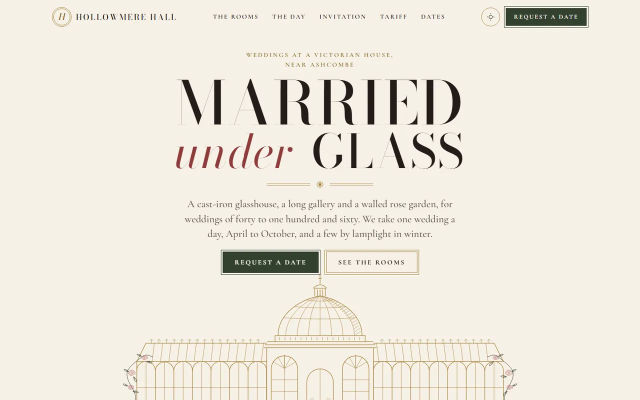 Hollowmere Hall home page, light theme