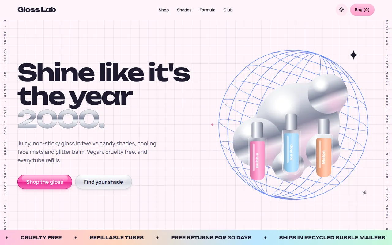 Gloss Lab home page, light theme