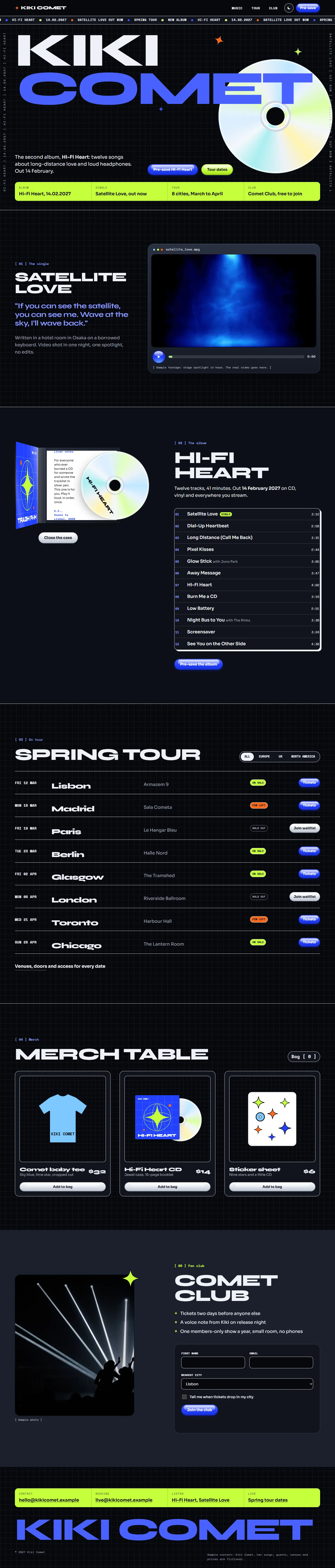Kiki Comet home page, dark theme, at 1440 pixels wide